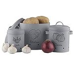 Navaris Storage Tins for Potatoes, Garlic, Onion - Set of 3 Metal Food Bin Container Pots with Lids for Kitchen - Vegetable Containers - Dark Grey