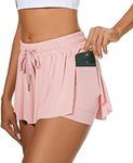 Durio 2 in 1 Flowy Running Shorts for Women High Waisted Gym Tennis Shorts Double Layer Butterfly Shorts with Pocket, Light Pink, Small