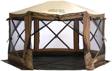 CLAM Quick-Set Pavilion 12.5 x 12.5 Ft Portable Pop-Up Outdoor Camping Screen Tent 6-Sided Canopy Shelter w/Netting, Ground Stakes & Carry Bag, Brown