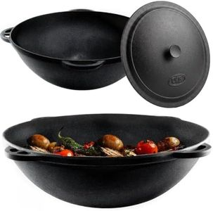 Kazan Uzbek Cast Iron Kazan for Plov Making Cookware Insulated Double Handle Pan Wide Mouth Cast Iron Dutch Oven, Outdoor Cooking Frying Pot, Lodge Cast Iron Skillet, 22 L