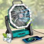 Roykaw Portable Fan for Travel, 10400 mAH Rechargeable Camping Fan, Cordless Battery Powered Fan with Led Light, with Handle, Hang Hook for Tent, Fishing, Lake Blue