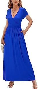 OUGES Womens Short Sleeve V-Neck Wrap Waist Maxi Dress(Royal Blue394,M)