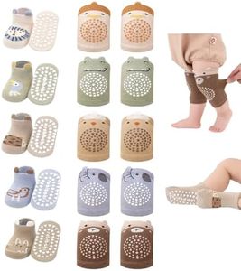 WATOCHE Baby Crawling Knee Pads and Socks with Anti-Slip Grips 10 Pairs Unisex Baby Toddler Nonslip Kneepads & Ankle Floor Socks(10 Pairs-Brown Animal,0-12M)