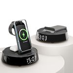 Alarm Clock with Wireless Charging Station, Clock for Bedroom with Dimmable Night Light Bluetooth Speaker, Wireless Charger Dock Station for iPhone 16 15 14 13 12 11 Pro Max, Apple Watch, AirPods 3