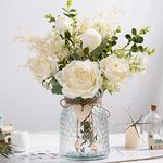 JARELING Silk Rose Flowers in Vase, Artificial Flowers Arrangement with Glass Vase Faux Rose for Decoration Table Centerpiece (White Rose)