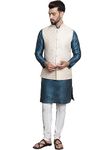 SOJANYA (Since 1958 Men's Silk Blend Print PBlue Kurta and Cream Pyjama With Cream Nehru Jacket