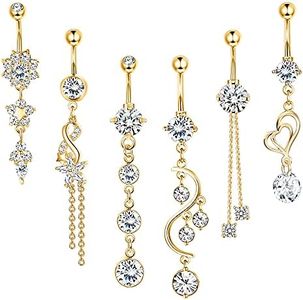 Kakonia 6Pcs Belly Button Bar for Women 14G Dangle Belly Bar 316L Surgical Steel CZ Navel Barbell Body Piercing Jewelry 10mm, Cubic Zirconia