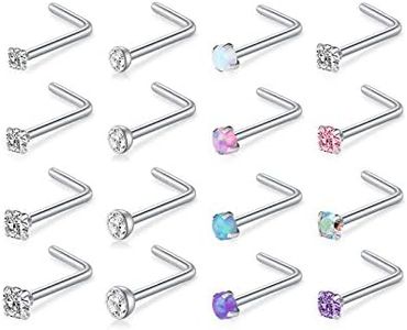 D.Bella 18G 20G 22G L Shaped Nose Studs Surgical Stainless Steel 1.5mm 2mm 2.5mm 3mm CZ Nose Rings For Women, Metal, stainless steel