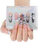EBANKU 32Pcs Pink Halloween False Nails, Long Coffin Press On Nails Cute Ghost French Style, Acrylic Full Cover Stick on Nails for Women Girls
