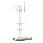 FITUEYES White TV Stand on Wheels 1.5m with 20mm Wood Base for 32-70 Inch TV, Tall Mobile TV Stand Trolley with 60° Swivel & 6 Height Adjustable & 3 Shelves, Max. VESA 600x400mm Holds 40kg