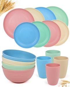 16-Piece 25cm Large Kitchen Plastic Wheat Straw Dinnerware Set, Service for 4, Dinner Plates, Dessert Plate, Cereal Bowls, Cups, Unbreakable Colorful Plastic Outdoor Camping Dishes