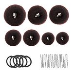 Donut bread maker, hair bun maker 7-piece brown, ring shape set, with 10 U-shaped clips, 5 elastic hair ropes.
