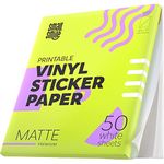 Premium Printable Vinyl Sticker Paper for Inkjet Printer and Laser - 50 White Matte Sticker Paper Waterproof - Durability Adhesive Paper 8.5 x 11, Fast Dry, Holds Ink Well, Great for Cutting Machines