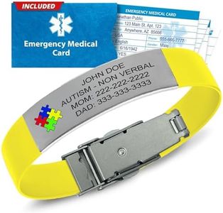 Universal Medical Data Autism Medical ID Bracelet for Kids – Custom Laser Engraved ID, Silicone Band & Stainless Steel Plate - Medic Alert Bracelet with Emergency Card & Health Record Access - Yellow