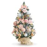 WBHome 1.8 Feet Pre-lit & Pre-Decorated Tabletop Christmas Tree, Rose Gold Ornament Decorations with Pine Cones, Snow Flocked Mini Christmas Tree with Lights, 35 Bulbs (1.8FT)