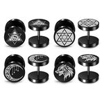 PiercingJak 4 Pairs Stainless Steel Black Stud Earrings Faux Fake Gauges Earrings Hexagram Wolf Moon All Seeing Eye Stud Earrings Cheater Fake Ear Plugs Gauges Illusion Tunnel