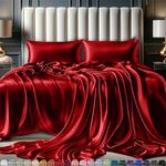 DECOLURE Satin Sheets Full Size Set 4 Pcs - Silky & Luxuriously Soft Satin Bed Sheets w/ 15 inch Deep Pocket - Double Stitching, Wrinkle Free (Red)