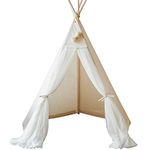MINICAMP Teepee Tent for Kids – Handmade Play Tent in Natural Canvas & Tulle with Wooden Poles, Indoor Tipi for Girls & Boys, Toddler Playhouse, Ideal (Ecru)