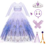 Kitimi Elsa Dress up for Girls Princess Costumes with Crown Magic Wand Wig, World Book Day Costume Kids Fancy Dress Disney Princess Dress Up Outfit for Christmas Halloween Carnival Birthday Cosplay