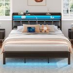 Rolanstar Bed Frame King Size with Charging Station and LED Lights, PU Leather Headboard with Storage Shelves, Heavy Duty Metal Slats, No Box Spring Needed, Noise Free, Easy Assembly, Black