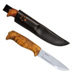 HELLE Knives - Gaupe - Triple Laminated Stainless Steel, Outdoor Adventure Camping Knife with Sheath, Stick Tang Fixed Blade, Curly Birch Handle, Made in Norway