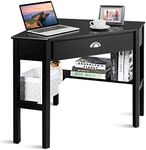 DORTALA Corner Desk, Writing and Study Corner Computer Desk, Laptop PC Table, Wood Home Office Desk, Small Corner Desk with Storage Drawer, Shelves, Office Study Workstation, White Corner Desk (Black)