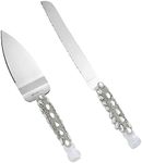 Juvale Stainless Steel Wedding Cake Knife and Server Set for Cake Cutting Ceremony, Embellished with Faux Crystals, Diamonds, Ribbon