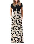 WNEEDU Women's Maxi Dress Summer Short Sleeve Casual Long Dresses with Pockets（Apricot Black Leaves,L）