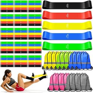 90 Pcs Workout Loop Resistance Bands Bulk, Gym Elastic Bands Set for Fitness Sport Class Students Members Gift Physical, 5 Pieces Each Set, with Large Drawstring Backpack Bags