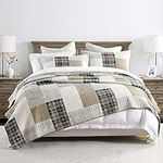 PANGUSHAN 100% Cotton Quilt Set Queen Size, Queen Size Farmhouse Plaid Patchwork Reversible Rustic Quilt Bedding Set Quilted Bedspread Lightweight Comforter for Queen Bed, 3pcs, Gray/Cream/Beige