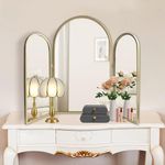 BAODANFU Trifold Vanity Mirrors 3 Way, 30 x 37in Adjustable Vanity Mirrors for Bathroom, Bedroom, Champaign Golden Arch Mirrors Wall Mounted Decoration, Braiding Hair, Makeup 360° Way