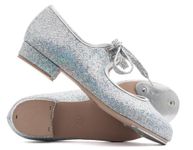 Katz Dancewear Girls Ladies Silver Glitter Low Heel Tap Dance Shoes With Toe Plates (Childs UK 9.5)