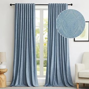 GIGIZAZA Velvet Curtains 108 Inch Long 2 Panels, Grey Blue Boho Drapes Flower Embossed Blackout Window Curtain for Living Room Back Tab Thermal for Bedroom