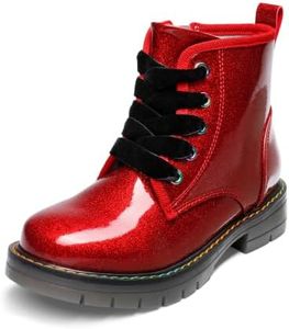 DREAM PAIRS Girls Combat Ankle Boots Shoes,Red/Pu,5 Big Kid | Glittery upper with cushioned footbed and durable rubber outsole for dress up and winter