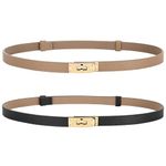 Women Thin Leather Adjustable Belts 2 Pack for Dresses Solid Color Skinny Waist Belts for Jeans Coats with Alloy Turn Lock Gold Buckle