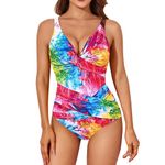 Plus Size One Piece Swimsuit for Women, Mid Waisted Monokini Swimsuit with Bikini Bottoms, Ruched Swimming Costume V Neck Swimwear Bathing Suit Coronation Gifts Deals of The Day Sale