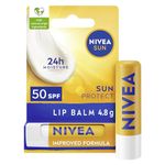 NIVEA SUN Protect Caring Lip Balm SPF50 (4.8g), Factor 50 Balm with Shea Butter, Protection Against UVA/UVB Rays with 24H Moisture, Lip Care, No White Cast