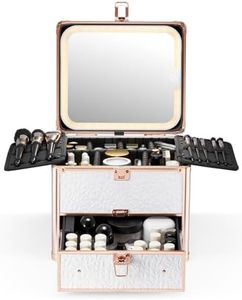 Qislee Makeup Box with Drawer and A Detachable Lighted Mirror, Waterproof Travel Train Case, Cosmetic Organizer and Makeup Suitcase with Adjustable Dividers, Magnetic LED Mirror