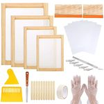 Cayway 42 PCS Screen Printing Kit, 4 Different Size of Wood Silk Screen Printing Frame with Mesh, Screen Printing Squeegees, Ink Knife, Inkjet Transparency Film, Mask Tape, Gloves