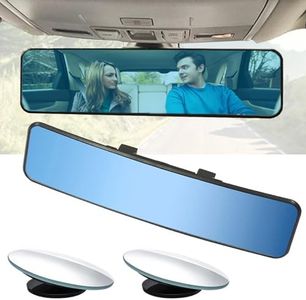 Rear View Mirror, Universal 11.4 Inch Interior Clip On Rearview Mirror, Anti Glare Rearview Mirror, Wide Angle Mirror - Convex - Blue Tint (Bonus 2 PCS Blind Spot Mirrors）