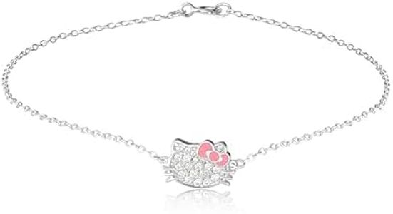 Hello Kitty Sanrio Womens Sterling Silver Anklet Official License, 9" Pave Cubic Zirconia Ankle Bracelet with Pink Bow