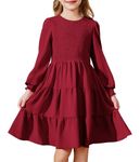 Arshiner Girls Fall Lantern Sleeve Dress Tween Girl Boho Semi Formal Shirred Smocked Ruffle Swing Party Dresses with Pockets Wine Red 10-11 Years