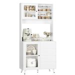 FOREHILL Kitchen Cupboard 180cm Tall Storage Cabinet Kitchen Storage Sideboard with Countertop, 2 Glass Doors 4 Drawers and 2 Shelves, White 80x40x180cm