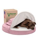 Furhaven 35" Round Cooling Gel Dog Bed for Large/Medium Dogs w/Removable Washable Cover, For Dogs Up to 50 lbs - Sherpa & Suede Snuggery - Pink, 35-inch