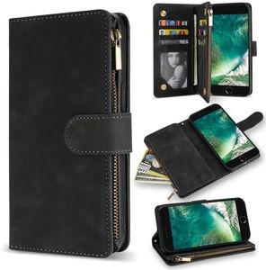 ZZXX for iPhone SE 2022(2020)/iPhone 7/iPhone 8 Case Wallet with RFID Blocking Card Slot PU Leather Zipper Flip Folio with Wrist Strap Kickstand Protective for iPhone 8 Wallet Case(Black-4.7 inch)