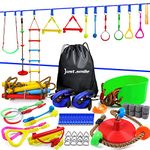 Just.smile Ninja Slackline Ninja Warrior Obstacle Course for Kids-2x52ft with Swing, Rope Ladder,Climbing Bar,Ring,Outdoor Ninja Course Training Equipment Set for Backyard, multicolour