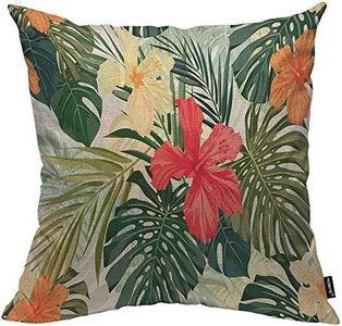 HOSNYE Hibiscus Flowers Throw Pillow Case Cushion Covers Summer Colorful Hawaiian Tropical Plants Palm Leaf Cotton Linen for Couch Bed Sofa Car Waist 18 x 18 inch