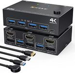 USB 3.0 KVM Switch 2 Monitors 2 Computers, Displayport + HDMI Dual Monitor DP KVM Switcher Supports 4K@60Hz for 2 Computers Share Keyboard Mouse and 2 Monitor, 2 Video Cables 2 USB 3.0 Cables Included