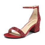 Dream Pairs Women's Low-Chunk Low Heel Pump Sandals, Red/Rhinestone, 8