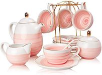 Sweejar Porcelain Tea Sets, 8 oz Cups & Saucer Teaspoons Pack of 4, Teapot Sugar Bowl Cream Pitcher and Tea Strainer for Tea, Coffee, Afternoon Tea Party (Pink)